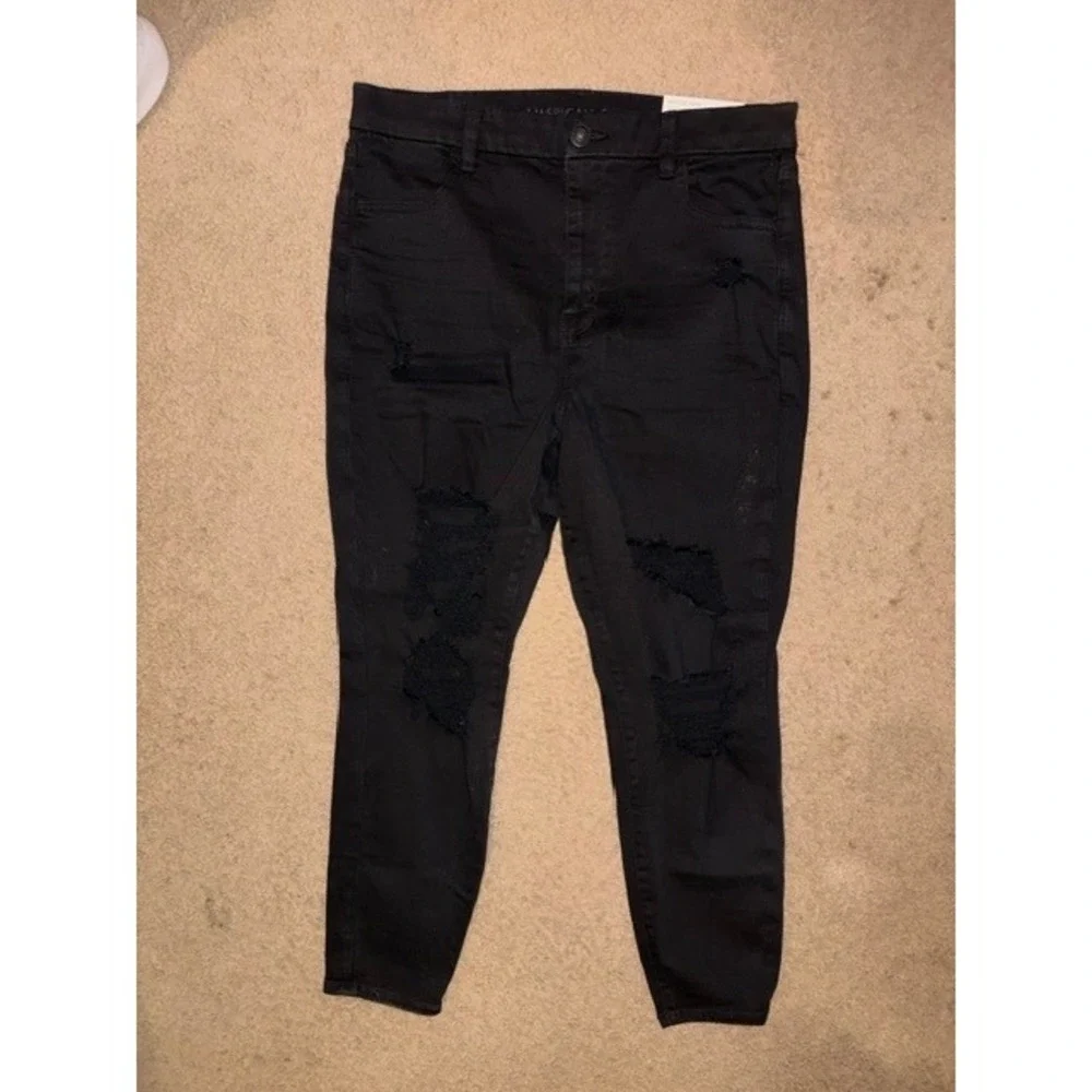 American Eagle Curvy Hi-Rise Jegging Black Distressed Jeans Sz 14 Short T35-23